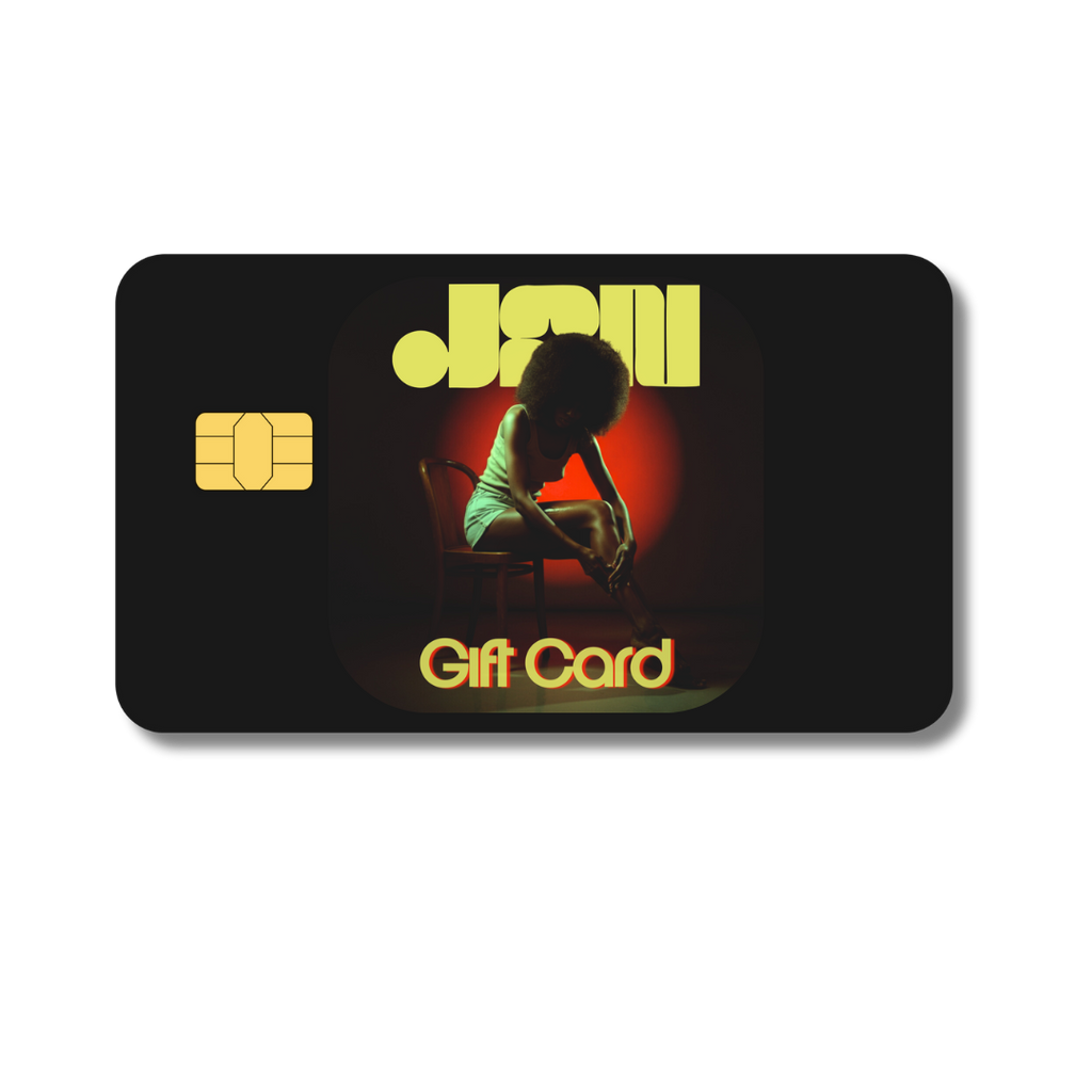 Gift card with a design of a woman sitting on a chair and the Jupiter at noon acronym logo on a black background.
