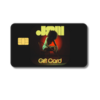 Gift card with a design of a woman sitting on a chair and the Jupiter at noon acronym logo on a black background.