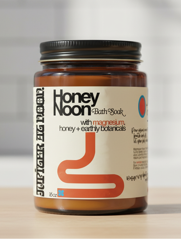 Jar of Honey Moon bath soak on a wooden surface with a blurred background
